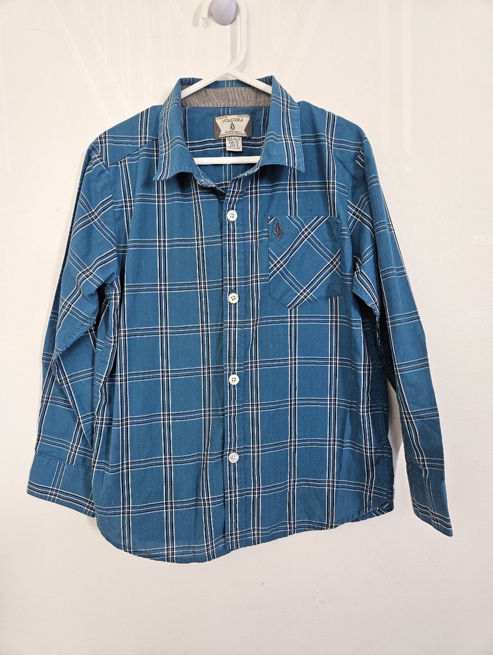 Volcom Boys Blue Plaid Long Sleeve Button Down Shirt Size 7 XL